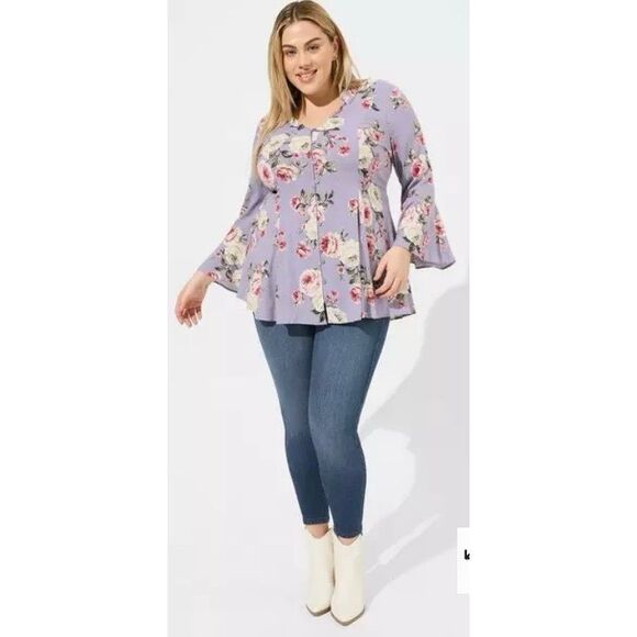 Torrid Plus Size Blouse 2X  Rayon Slub Button Front Top Purple Floral Bloomcore - Picture 1 of 12